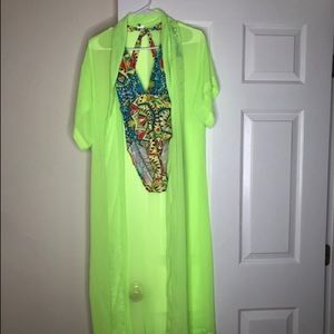 Deep v one piece with neon cover up